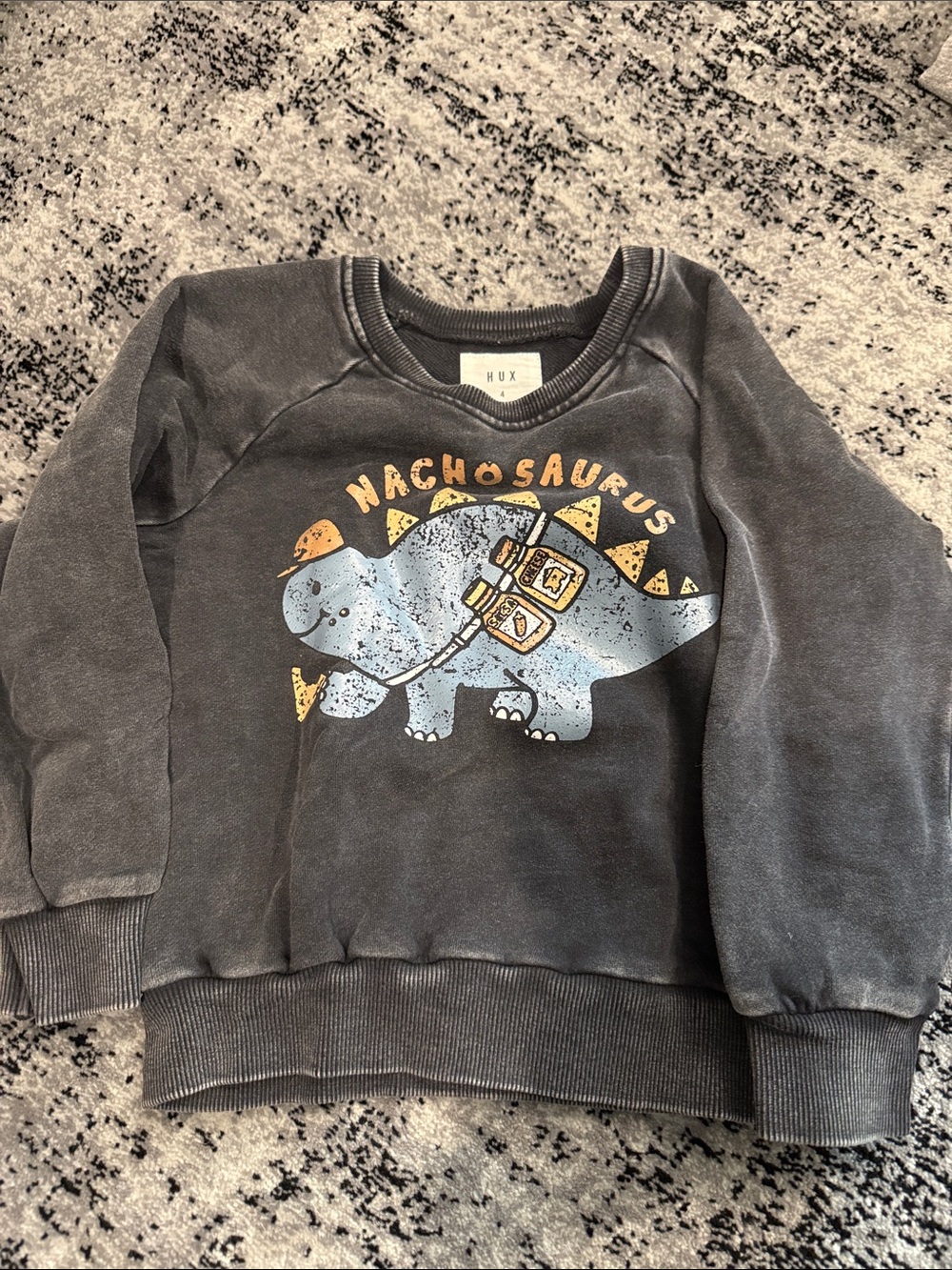 Huxbaby Charcoal Sweatshirt with Blue & Yellow Nachosaurus Graphic 4T